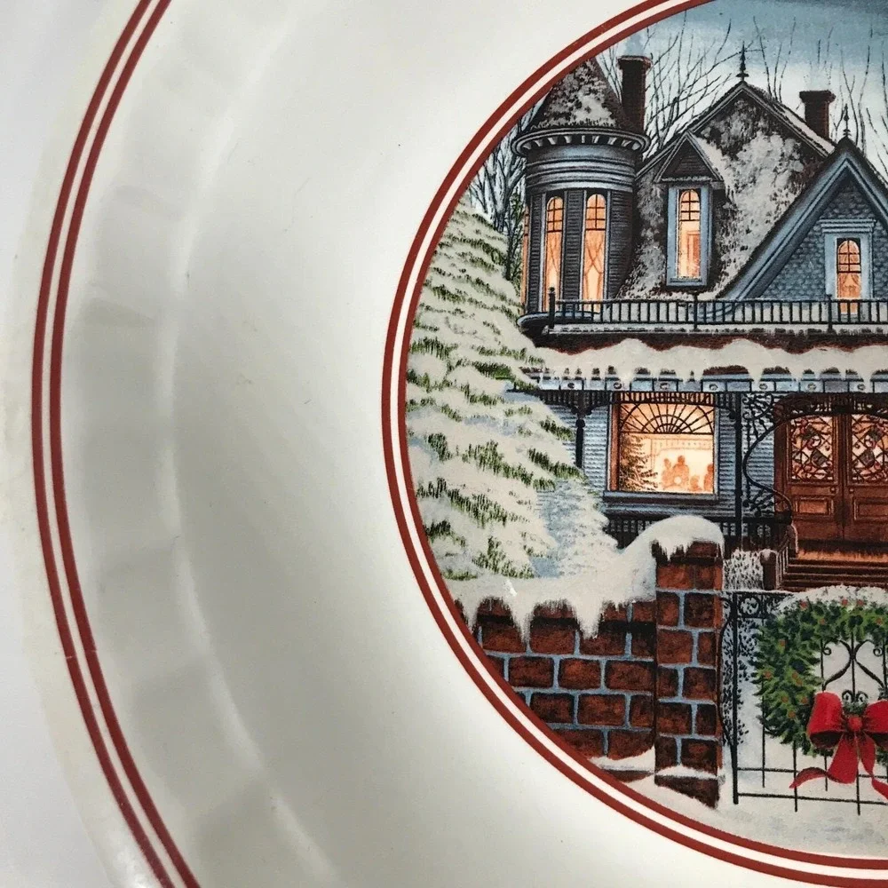 Watkins 1999 Cranilla Pecan Pie Plate Ceramic Winter Victorian House Sleigh 5901